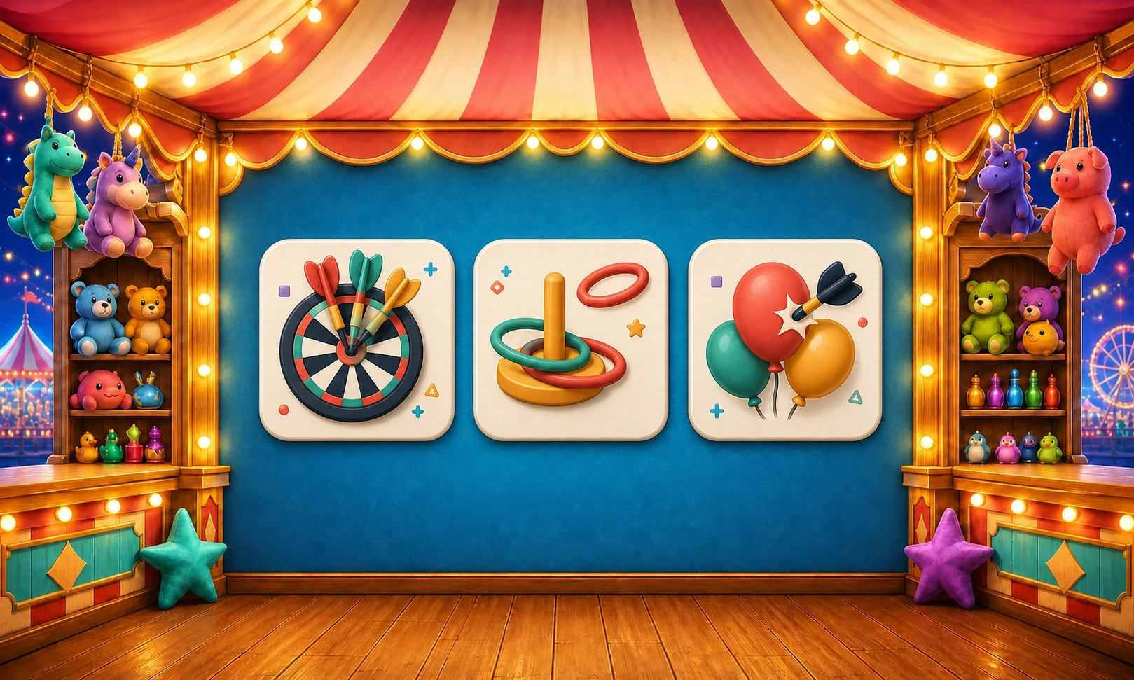 A colorful fairground stall with darts, ring toss, and balloon game plaques