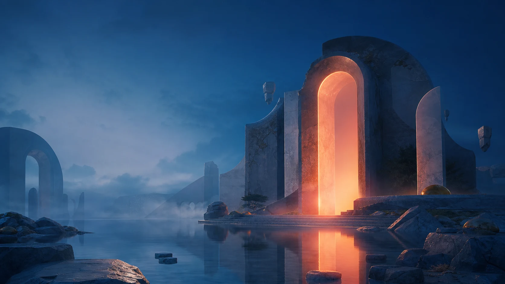 Abstract architectural landscape with a glowing orange arch reflected in water